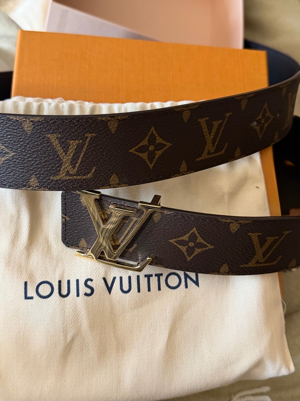 Louis Vuitton Brown Monogram Belt with Gold LV Belt Buckle. It’s Reversible Too!